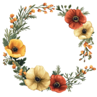 A vibrant circle of flowers with yellow, red, and orange blooms isolated on a transparent background in a design, circle border flowers isolated on transparent background png