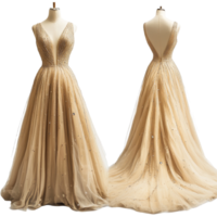 Elegant beige beaded gown mockup showcasing front and back designs with delicate detailing and flowing fabric, Elegant Beige Beaded Gown Mockup from Front and Back Views on transparent background png