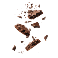 Broken chocolate cookies falling gracefully against a clean transparent background, capturing a moment of delicious chaos, Falling broken chocolate cookies on transparent background png