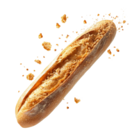 Freshly baked baguette with crisp crumbs floating in midair highlighting its delightful texture and appearance, Fresh Baguette with Crisp Crumbs Floating isolated on transparent background png
