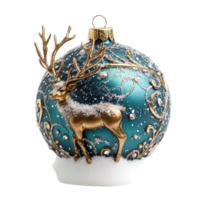 Beautiful Christmas snow globe featuring a golden reindeer figure on a transparent background, creating a festive winter atmosphere, Christmas snow ball with reindeer figure, isolated on transparent png