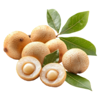 Fresh ripe longan fruit with green leaves arranged on a transparent background, ready for culinary use or snacking, ripe longan on transparent background png
