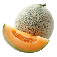 Fresh cantaloupe on a transparent background with a slice showcasing its juicy, orange flesh and textured rind, melon with slice on transparent background png