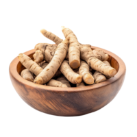 Kaempfer or finger root herb placed in a wooden bowl isolated on a plain transparent background, Kaempfer or finger root thai herb in wood bowl isolated transparent background png
