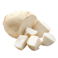 Fresh jicama on a transparent background, showcasing its natural shape and sliced pieces ready for culinary use, Jicama transparent background png
