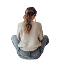 A woman sitting casually on a soft surface while enjoying some peaceful solitude in a light space, Back View of a Woman Sitting in Casual Outfit on transparent background png