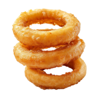 Freshly prepared onion rings stacked on a clean transparent background showcasing crispy texture and golden color, Fresh onion rings food on a transparent background png