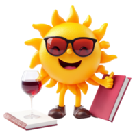 Cheerful sun character enjoys wine while reading a book during a sunny holiday afternoon, Holiday Concept Cheerful Sun Character with Wine and Diary on transparent background png
