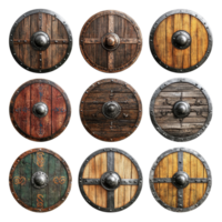 Various Viking medieval shields displayed on a transparent background showcasing craftsmanship and historical significance, Viking Medieval Shields Isolated on transparent background png
