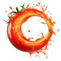 Fresh tomato bursting with vibrant juice creating a splash in a circular shape, Fresh tomato with juice splash in circle shape png