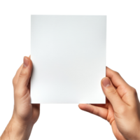 A person holding a blank piece of transparent paper against a plain transparent background in a welllit setting, Hand holding transparent empty paper on transparent backgroundfile png