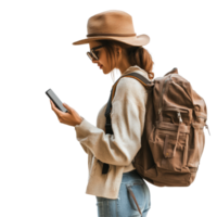 Woman traveling in a stylish hat and backpack while using a mobile device outdoors in a bright setting, file no background Woman traveling and using a smartphone png