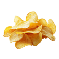 Crispy golden potato chips piled high against a clean transparent background, perfect for snacking at any time or place, Potato chips on transparent background png