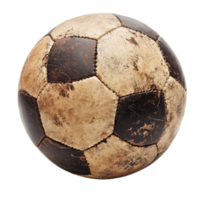 An old, weathered soccer ball resting on a transparent background, showcasing years of play and history in the sport, Old soccer ball on transparent background png
