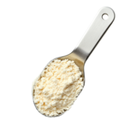 A metallic scoop filled with whey protein powder on a clean transparent background ready for use in fitness nutrition, whey protein in scoop on transparent background png
