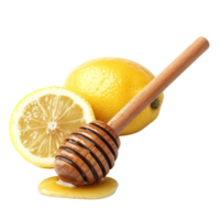 Fresh lemon and wooden honey dipper resting on a transparent background, perfect for cooking and natural remedies, lemon and wooden honey dipper isolated on transparent background png