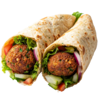 Fresh falafel wrap filled with lettuce, tomatoes, and cucumbers on a transparent background, perfect for a quick meal, Fresh falafel wrap on a transparent background png