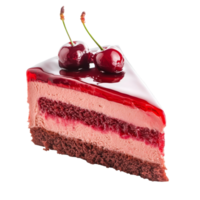 Delicious slice of cherry cake with glossy glaze and fresh cherries on a pristine transparent background, piece of cherry cake isolated on transparent background png