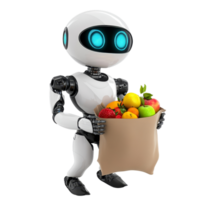 Grocery shopping robot holds a bag of fresh fruits in a bright and clean environment, Grocery Shopping Robot with Bag of Fruits On transparent background png