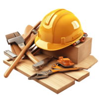 A collection of carpentry tools and a safety helmet arranged on wooden planks in a workshop setting, Carpentry tools with safety helmet Stock Illustration png