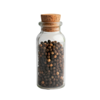 A clear glass bottle filled with peppercorns resting on a transparent background, showcasing spices for culinary enthusiasts, Pepper in a bottle on transparent background png
