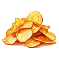 Crispy potato chips piled in a casual setting, inviting snack time enjoyment, Portion of crispy potato chips png
