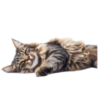 Relaxed Maine cat lounging contentedly on a soft surface in a serene indoor environment during the day, Relaxed Maine Cat Laying on the Ground, Furry Pet Isolated on transparent background png