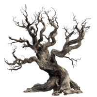 A twisted old tree stands alone against a stark transparent background, creating a haunting atmosphere, old dead spooky tree isolated on transparent background png
