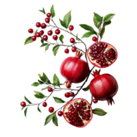 Fresh pomegranate branch with red fruit and green leaves on a bright transparent background, Branch of delicious Pomegranate on whtie background cutouts png