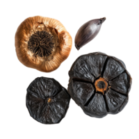 Black garlic showcased on a transparent background with transparent accents for culinary presentation, Black garlic on transparent background png