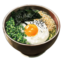 Chazuke dish with green onions, seaweed, and a softboiled egg in a bowl on a clean surface, isolated, chazuke, food png