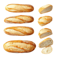 Different angle of sliced baguette lays on a clean surface for cooking or baking preparation, Different angle of sliced baguette isolated png