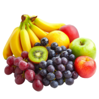 A colorful array of fresh bananas, apples, grapes, and kiwis artfully arranged on a transparent background, Various type of fruits isolated png