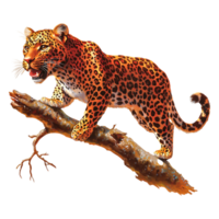 Vibrant Leopard Resting on Tree Branch in Lush Jungle Environment png