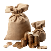 Wealth accumulation with burlap money bags and stacks of coins on a transparent background, Wealth Accumulation Money Bags and Coins on transparent background png