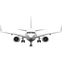 A modern airplane is displayed headon, featuring a clean and sleek design with prominent engines, Airplane isolated Stock Illustration png