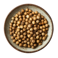 Coriander seeds displayed in a rustic bowl against a transparent background showcasing their natural texture and shape, coriander seeds in plate on transparent background png