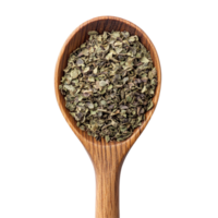 Dried oregano in a wooden spoon resting on a transparent background for culinary use, Dried oregano in wood spoon on transparent background png