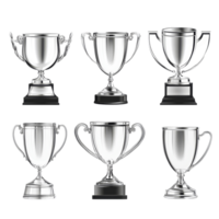Elegant silver trophy cups arranged on a transparent background highlighting their intricate designs and shiny surfaces, Silver Trophy Cups Set on transparent background png