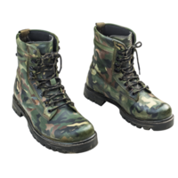 Military camouflage boots displayed on a clean transparent background highlighting their rugged design and functionality, Military Camouflage Boots Pair on transparent background png