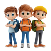 Three cute cartoon student boys with backpacks posing confidently in a bright setting, 3D Cartoon Character Group Cute Student Boys, Isolated transparent background png