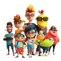 A colorful group of cartoon characters posing together against a transparent background, 3D Cartoon Character Group on transparent background png