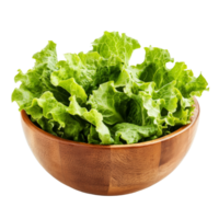 Fresh green lettuce leaves in a wooden bowl on a transparent background for healthy meal preparation, Lettuce leaves in wood bowl isolated on transparent background png