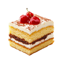 Delicious sponge cake with cherries on top displayed on a transparent background for dessert lovers, sponge cake food isolated on transparent background png