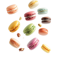 Colorful macarons floating gracefully in the air with a whimsical touch of vibrant confectionery delight, various colorful of macarons floating on the air isolated on transparent backgroud png