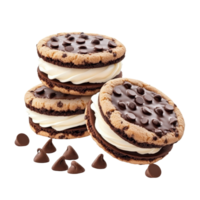 Delicious chocolate chip sandwich cookies with cream filling and chocolate chips on a bright transparent background, Chocolate chip and sandwich cookies with cream on transparent background png
