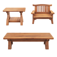 Elegant wooden furniture a chair, side table, and coffee table on a transparent backdrop, Beautiful round wooden table isolated on a transparent background png