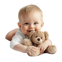 Happy baby cuddling a teddy bear on a soft transparent background in a cozy indoor setting, baby with teddy bear on transparent background png