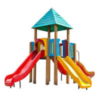 Colorful playground structure with multiple slides and play area for children on a bright transparent background, Colorful playground for children on transparent backgroundfile png