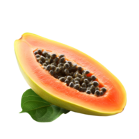 Ripe slice of papaya with seeds and green leaf isolated on a clean transparent background, ripe slice papaya with leaf isolated on transparent background png